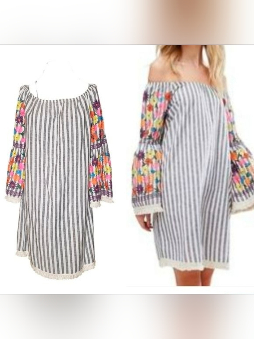 Philosophy Embroidered Striped Off-Shoulder Tunic Dress Fringe Women's Size M